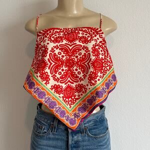 Zara Bandana Crop Tank Top Colorful Hankerchief Hem Red Satin Retro-Revival Boho